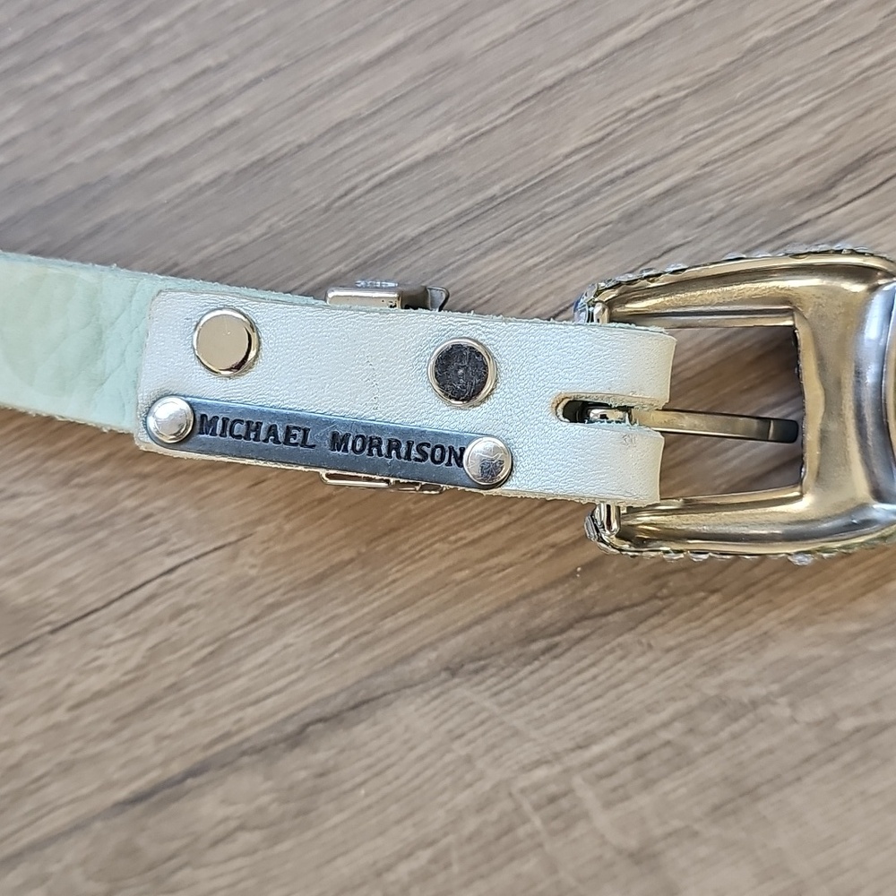 Michael Morris Elegant Crystal-Embellished Leather Belt Blue View 5